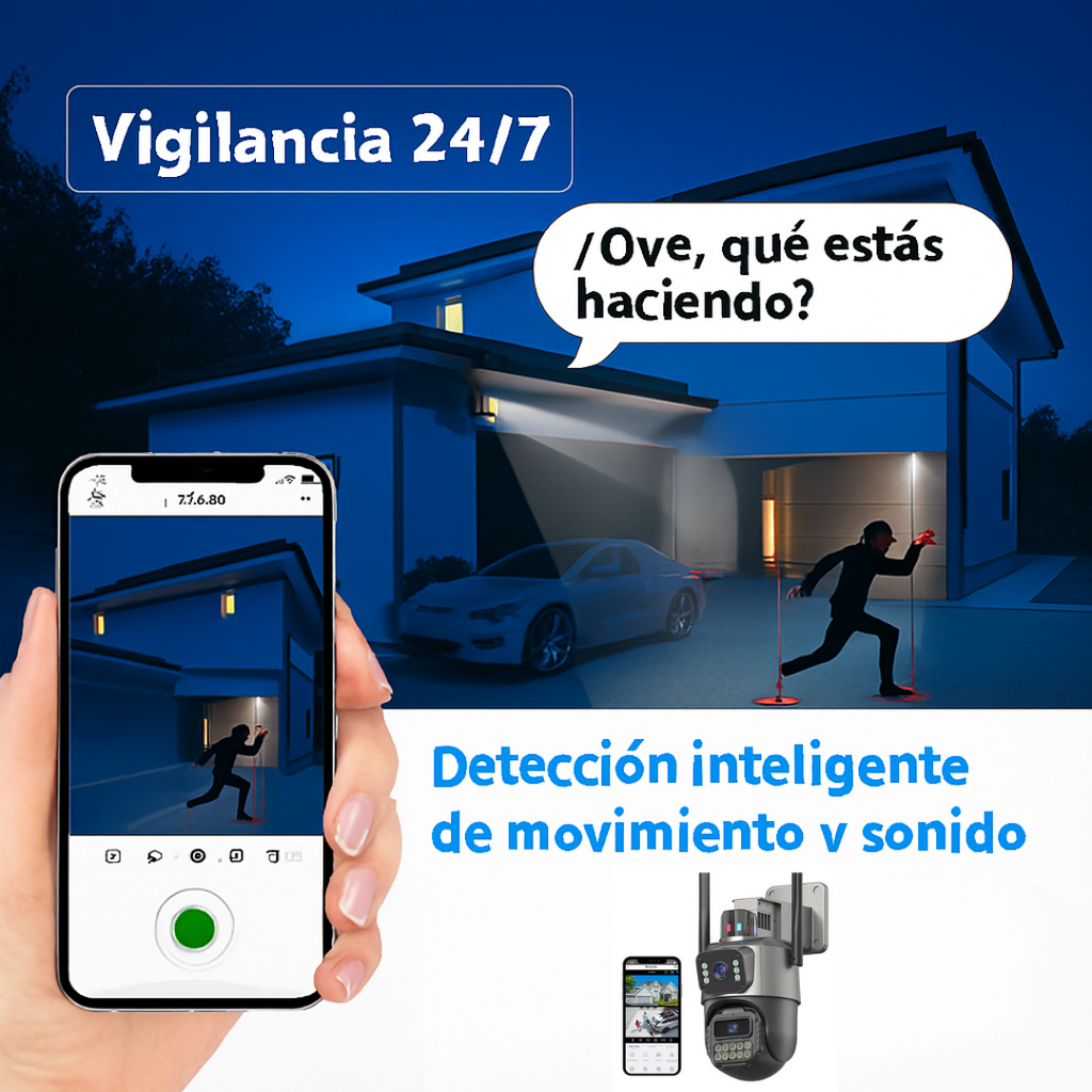 🛡️📹 Cámara Exterior Doble Lente 360° | ¡Vigila Tu Espacio Día y Noche!